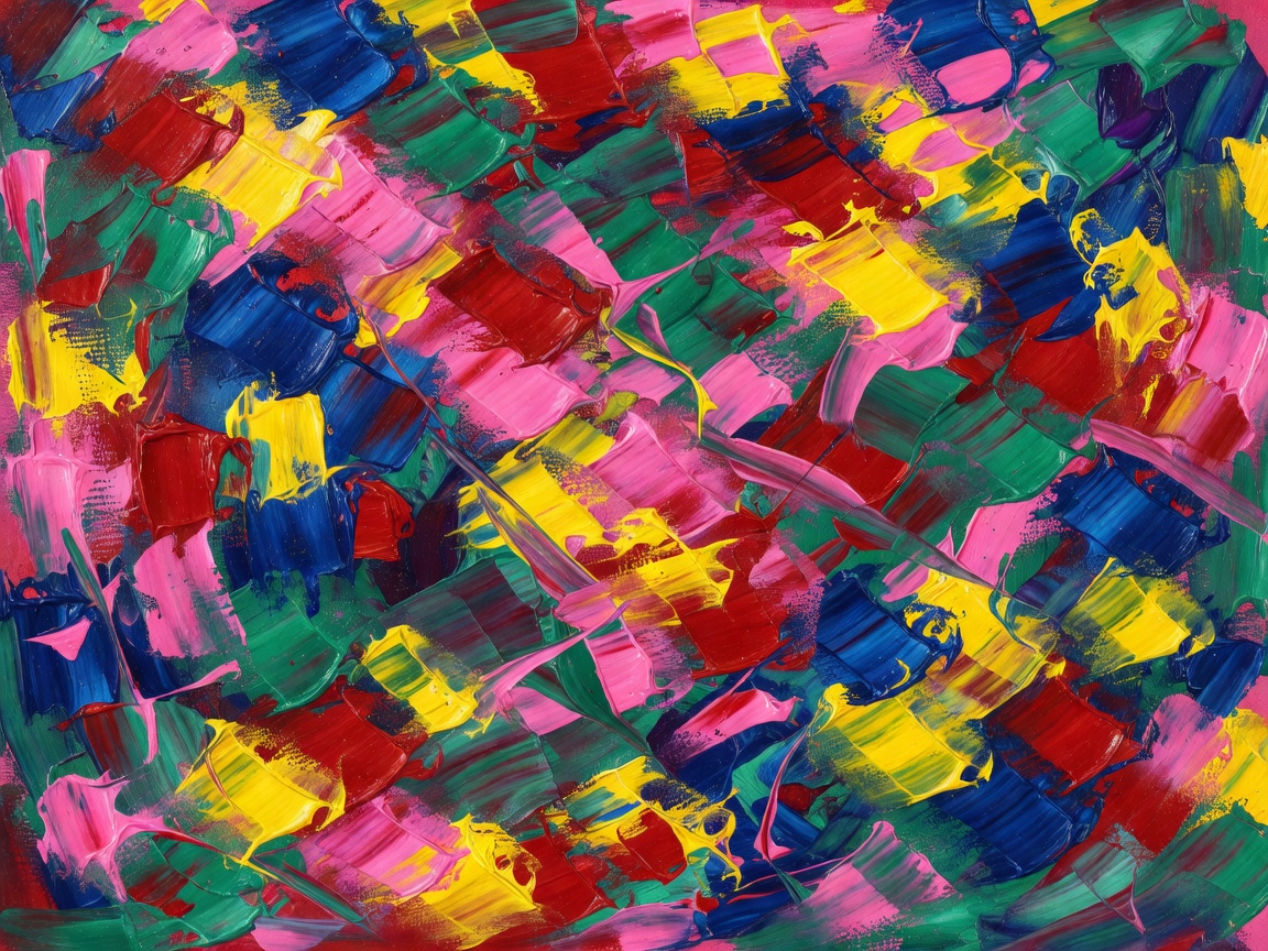 A colourful painting with expressive brushwork and layered colour.