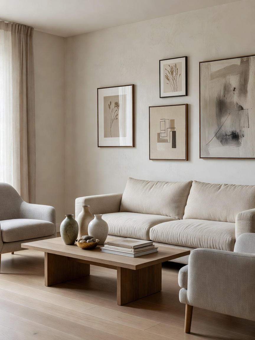 A softly lit living room with neutral seating, framed wall art and carefully arranged decorative objects.