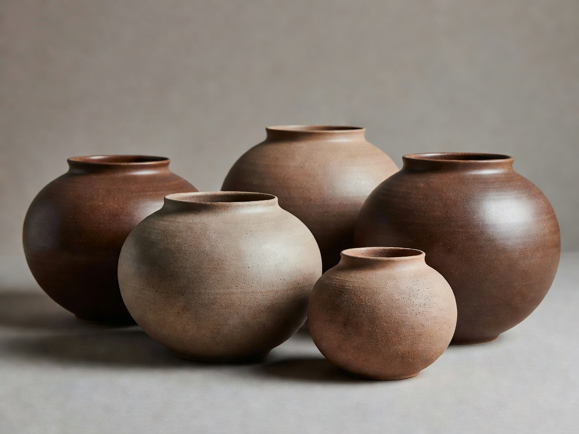 Ceramic vessels photographed to show their rounded forms and surface textures.