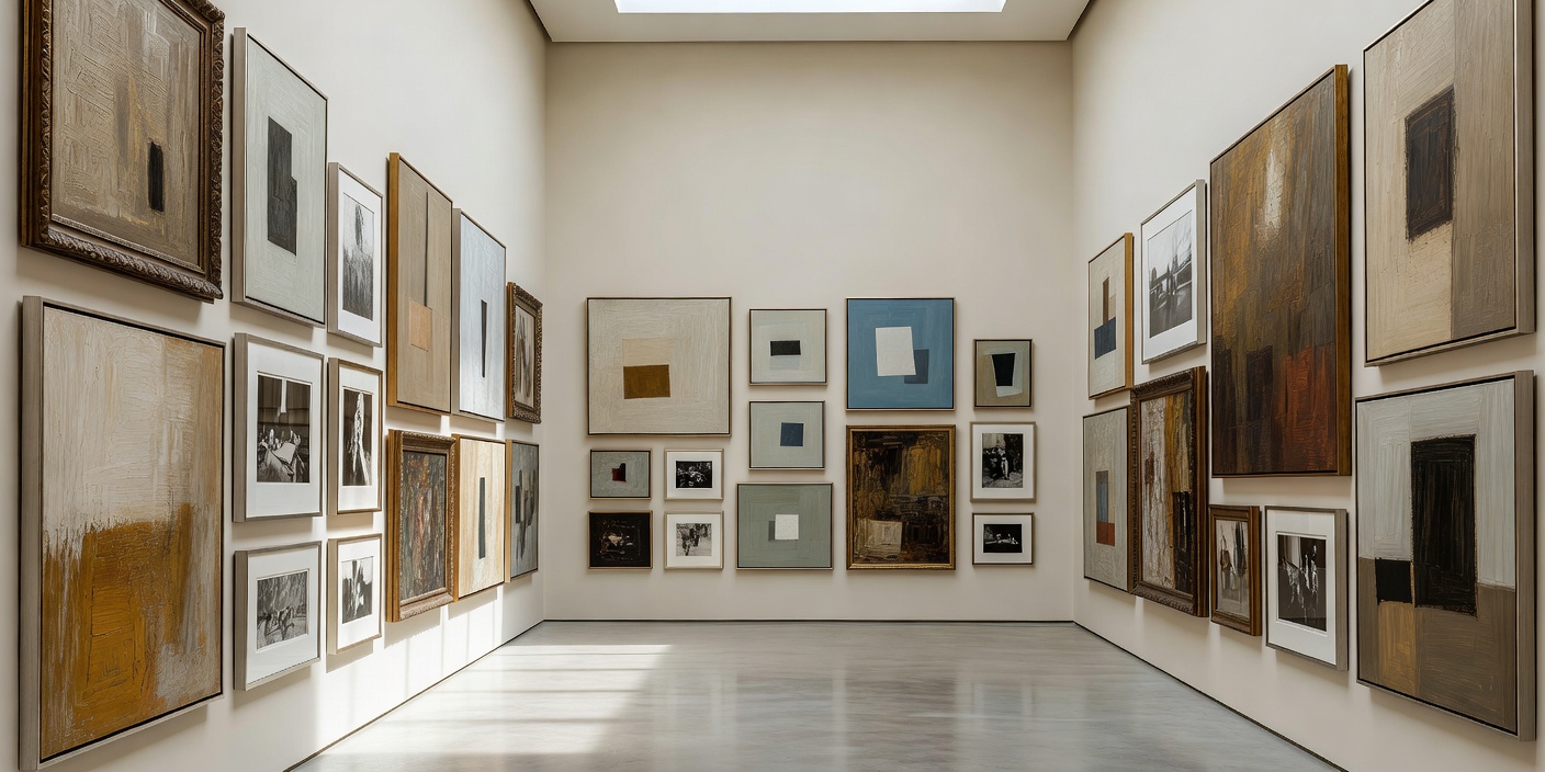 Framed artworks displayed across the walls of an art gallery.